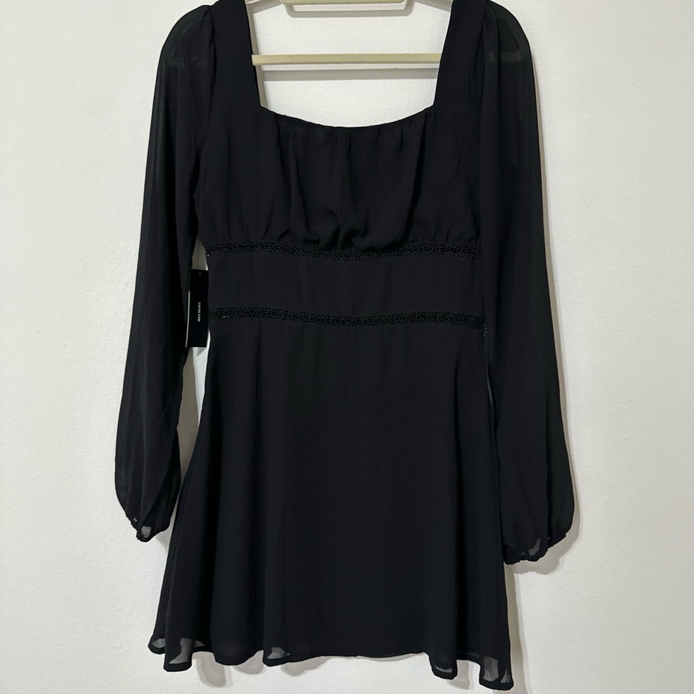 NWT LULUS Loving Memories Black Long Sleeve Crochet Lace Skater Dress Size Small